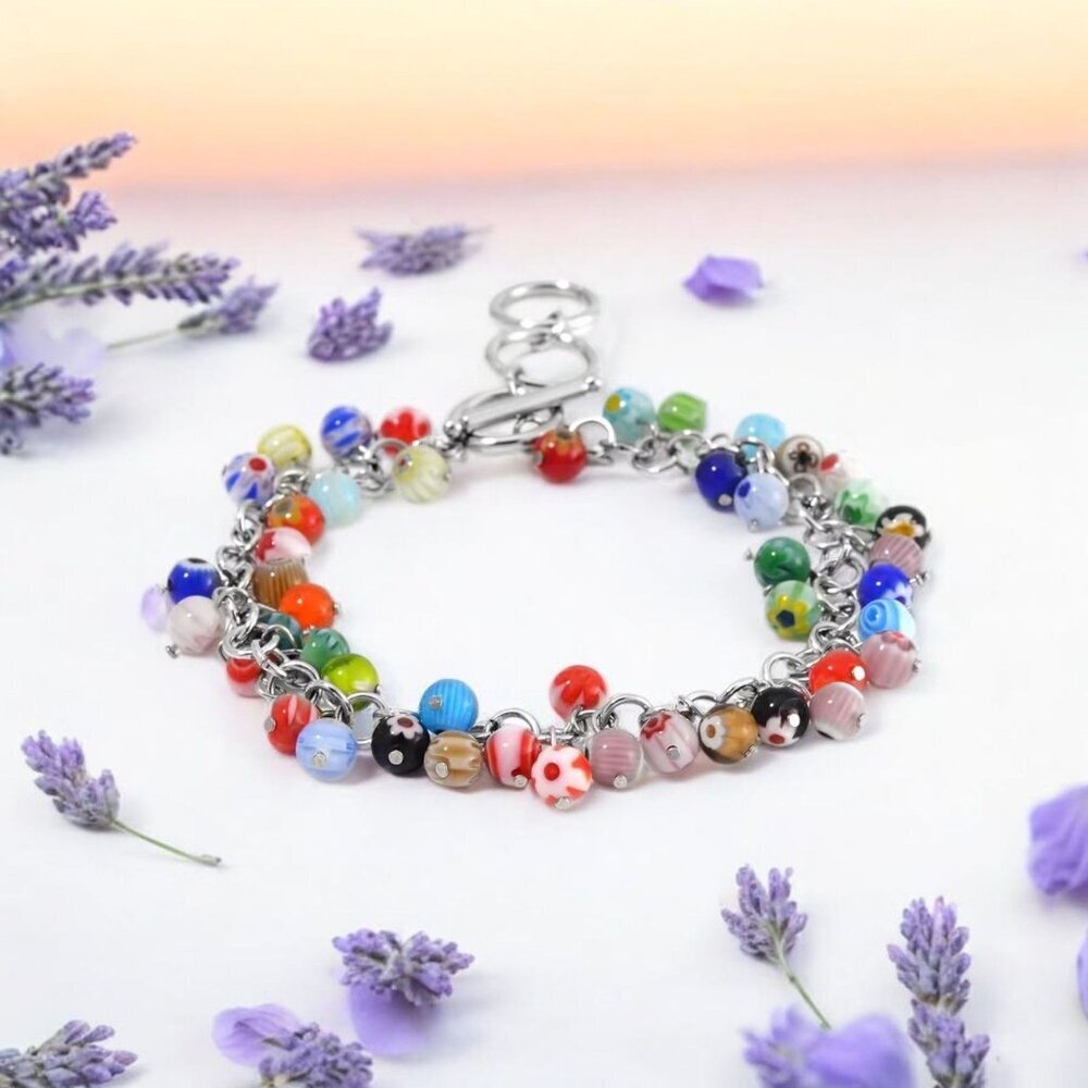 Murano Style ✦ Floral Glass Bead Bracelet ✦ 316L Stainless Toggle Clasp 9" NWT - Picture 1 of 6